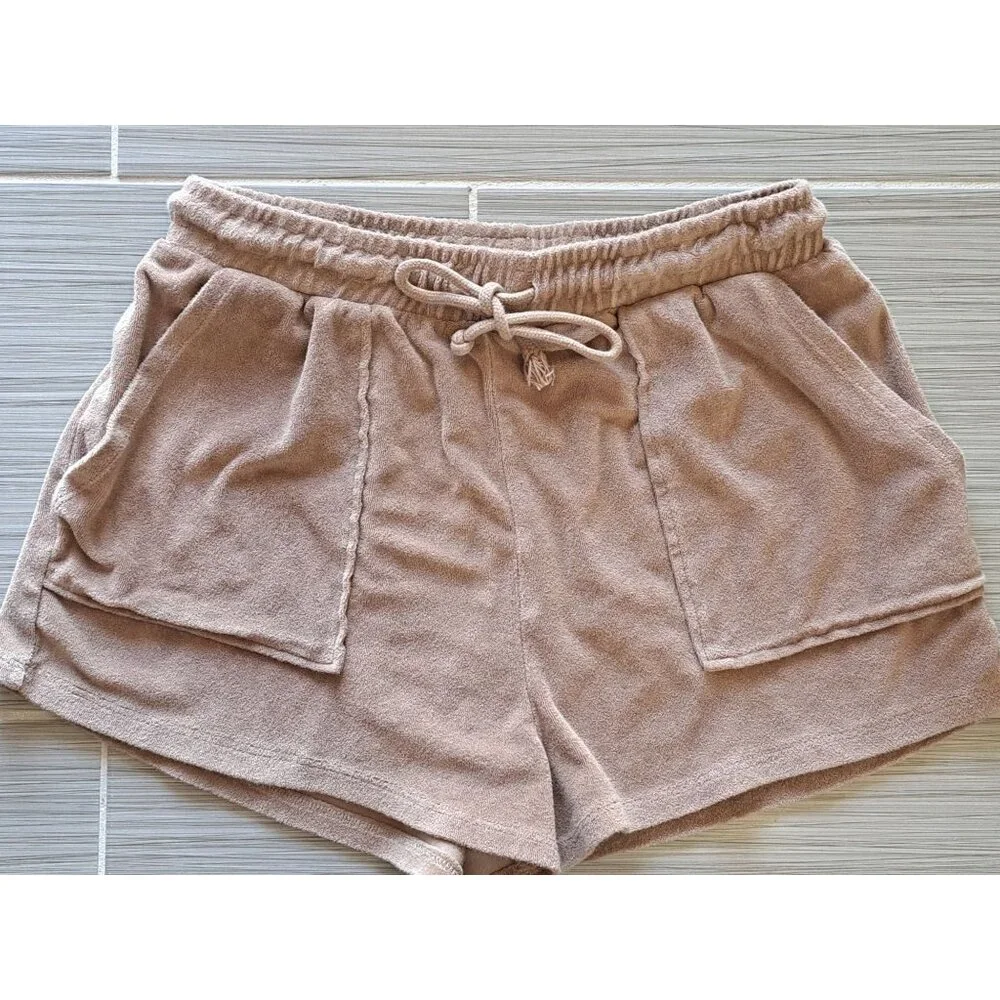 Zara Womens Brown Terry Cloth Shorts Elastic Waist & Drawstring Large Comfy - Picture 2 of 8